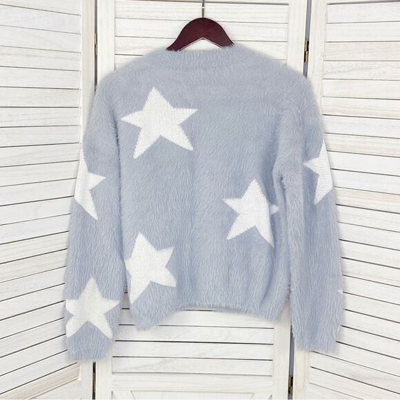 Cliche Stars Fuzzy Crop Pullover Sweater Blue White Medium - Picture 9 of 13